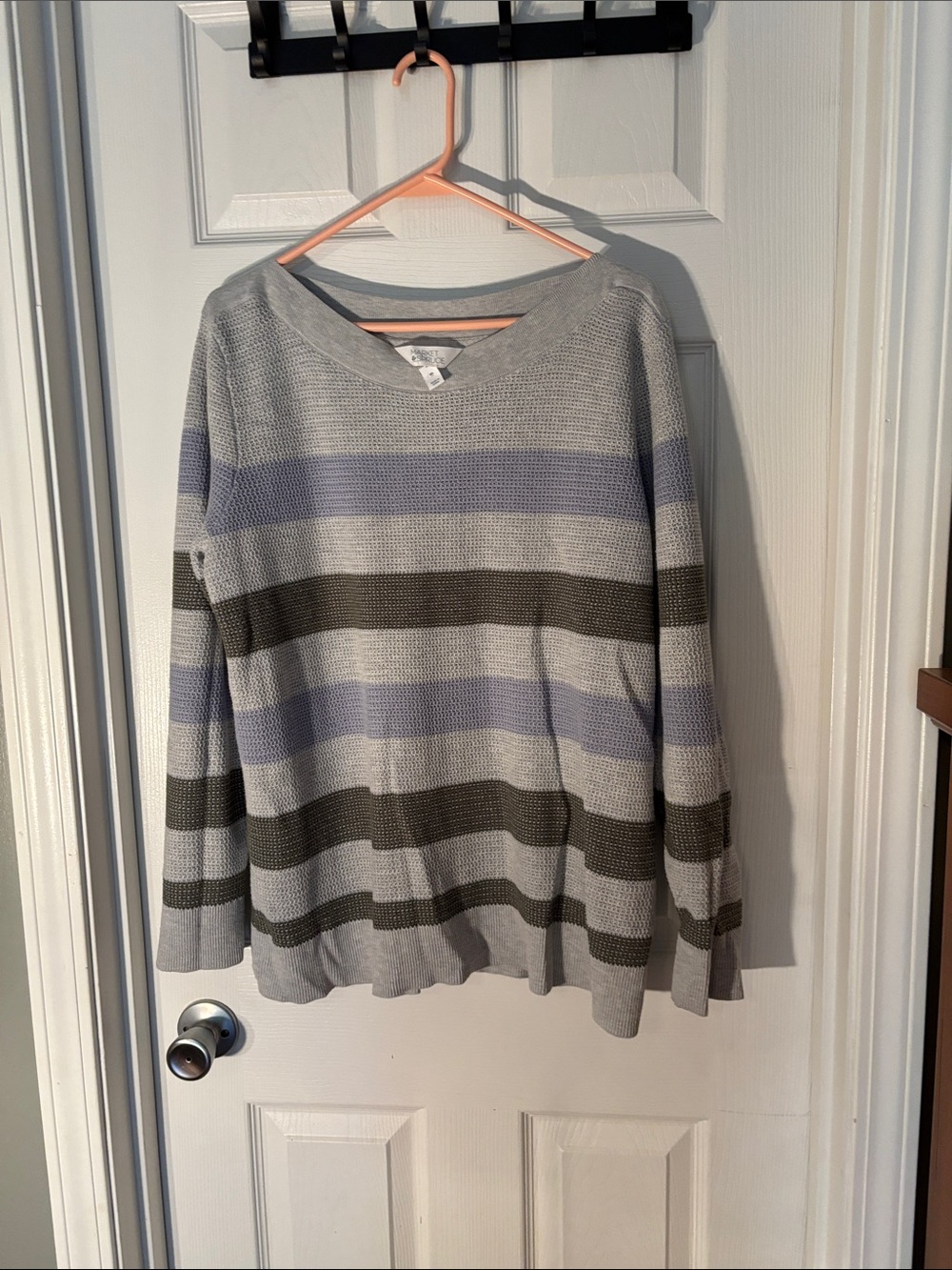 Market & Spruce Striped Crewneck Sweater in Light Gray, Olive & Lavender